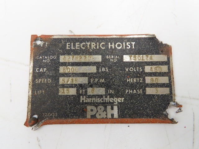 P&H Cleveland Tramrail 4 Ton Bridge Crane Hoist Wire Rope Cable Drum 15' 6" Lift