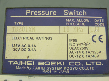 Taihei Boeki TDZ01XM Pressure Switch 10MPa 1450psi 125VAC 30VDC 0.1A IP65