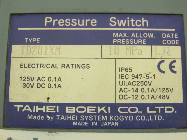 Taihei Boeki TDZ01XM Pressure Switch 10MPa 1450psi 125VAC 30VDC 0.1A IP65