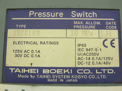 Taihei Boeki TDZ01XM Pressure Switch 10MPa 1450psi 125VAC 30VDC 0.1A IP65