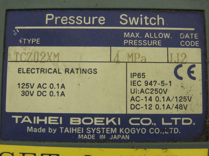 Taihei Boeki TDZ01XM Pressure Switch 4MPa 580psi 125VAC 30VDC 0.1A IP65