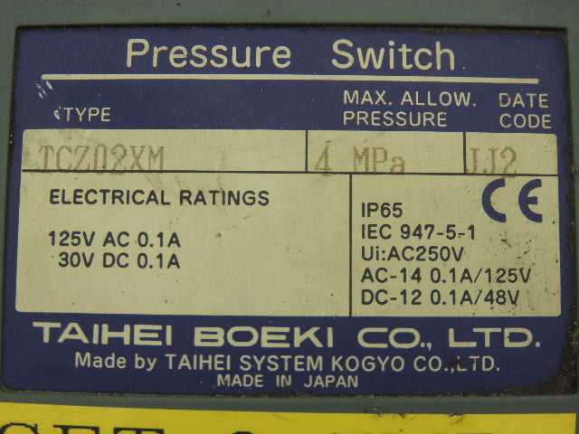 Taihei Boeki TDZ01XM Pressure Switch 4MPa 580psi 125VAC 30VDC 0.1A IP65