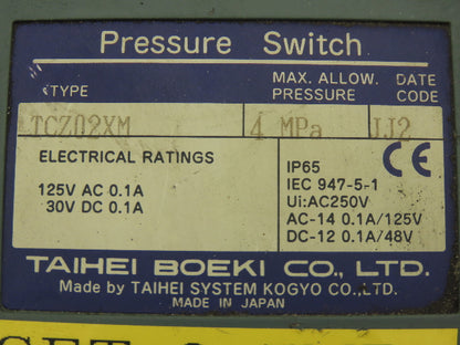 Taihei Boeki TDZ01XM Pressure Switch 4MPa 580psi 125VAC 30VDC 0.1A IP65
