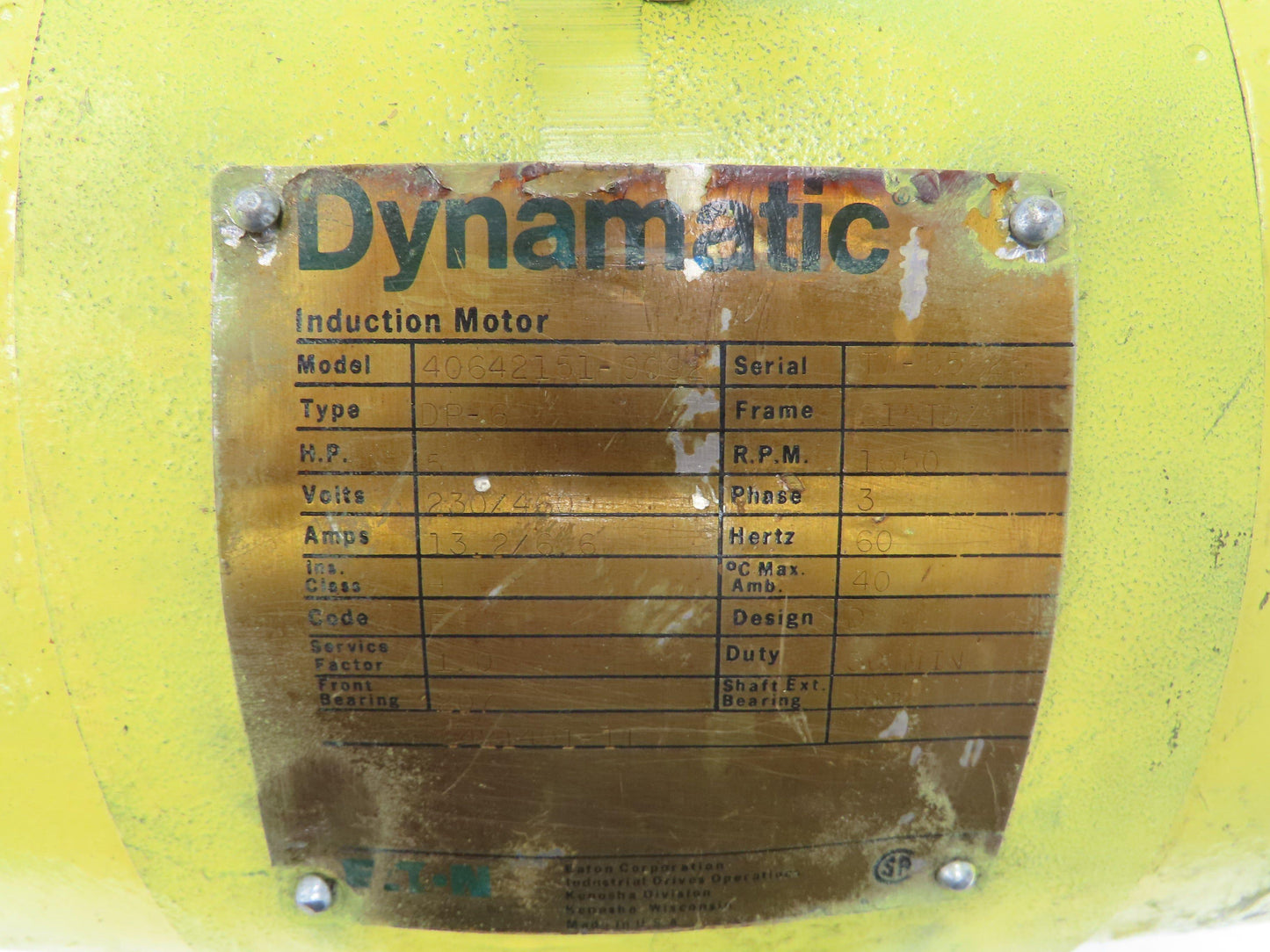 Yale Dynamatic Bridge Crane 1-Speed Hoist Motor 5Hp 1650 RPM 230/460V 3PH 215TDZ