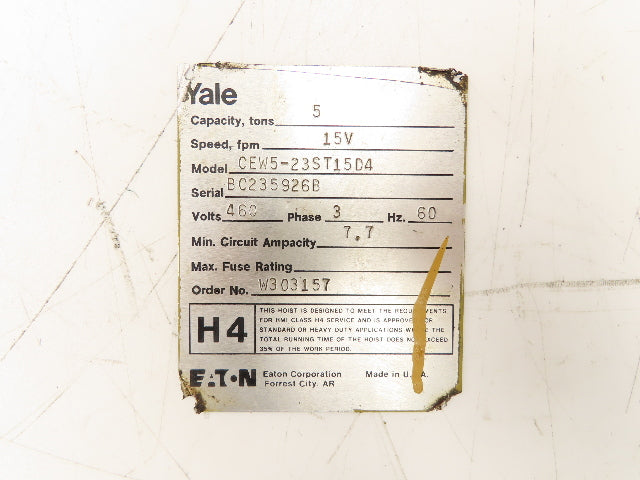 Yale CEW5-23ST15D4  5 Ton Bridge Crane Hoist Wire Rope Cable Drum Winch Reel