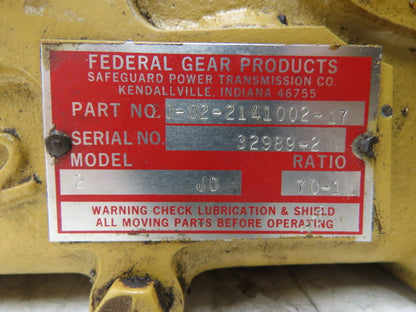 Safeguard Federal Gear Shaft Mount Reducer 70:1 Gearbox 145T  -Bad Seal-