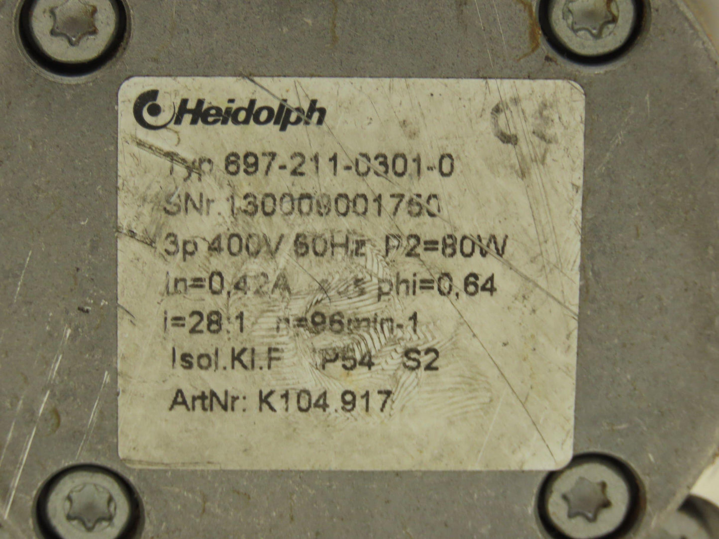 Heidolph 697-211-0301 Gearmotor 28:1 Reducer 96rpm
