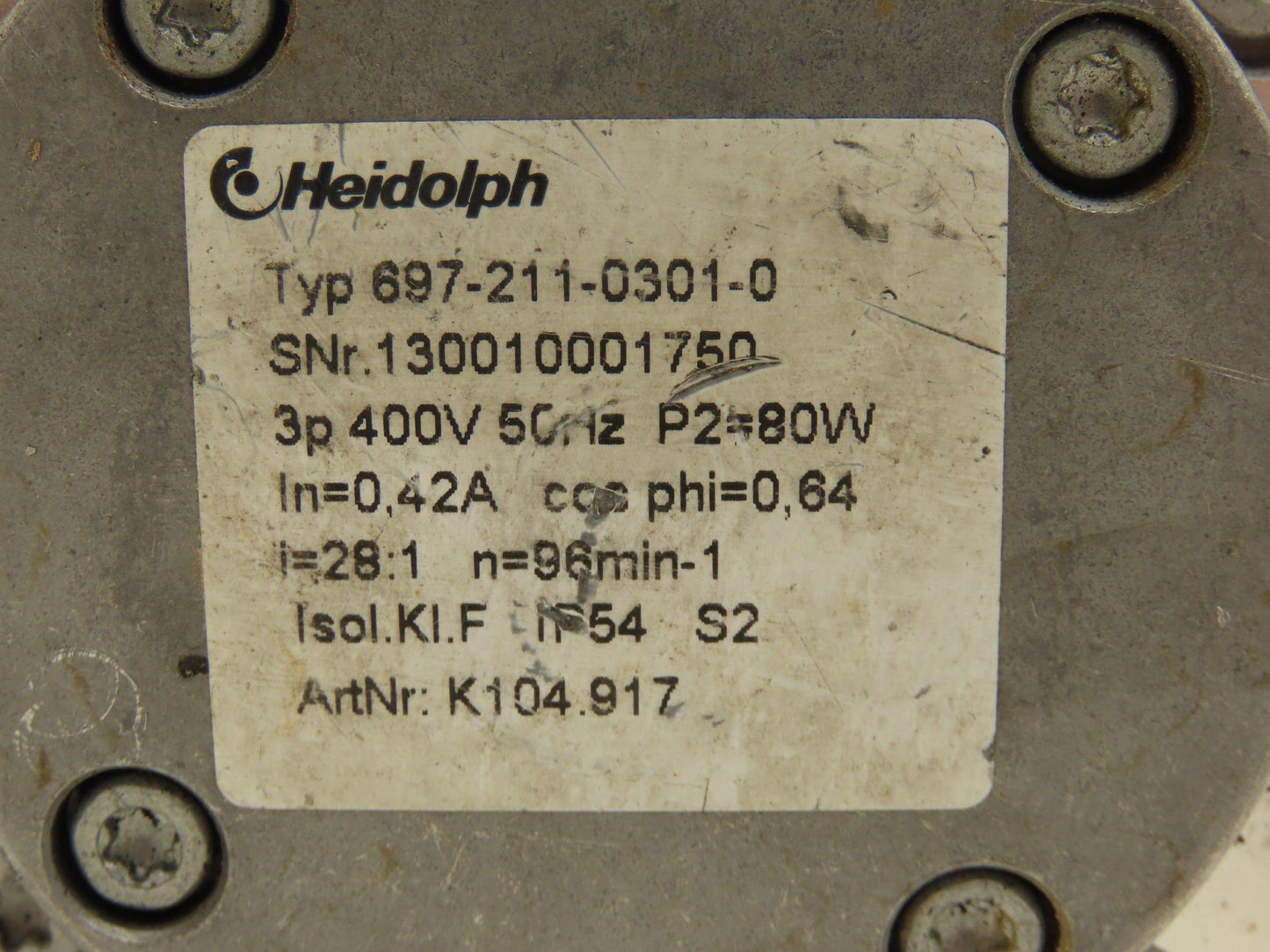 Heidolph 697-211-0301 Gearmotor 28:1 Reducer 96rpm