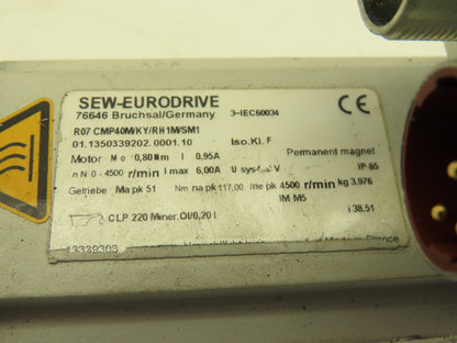 Sew Eurodrive R07 CMP40M/KY/RH1M/SM1 Gearmotor 38.51:1 Reducer 117rpm 51Nm 400v