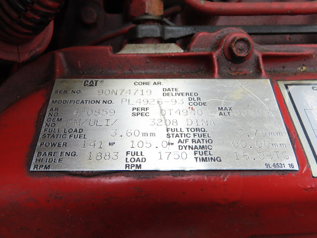 3208 DINA Cat 1993 Marine Diesel Engine Fire Pump 141Hp 1750RPM 14Qt 465 Hours