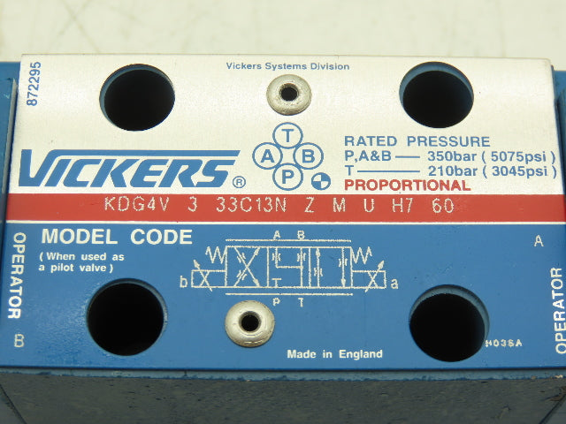 Vickers KDG4V 3 33C13N Z M U H7 60 Hydraulic Valve 1.6A DC 3.7 Ohm 3000 psi