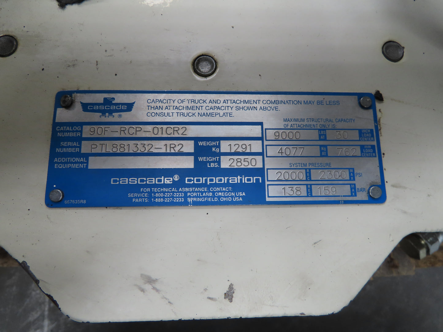 Cascade 90F Paper Roll Clamp 9000LB Fork Lift Truck Clamping Attachment Class 4