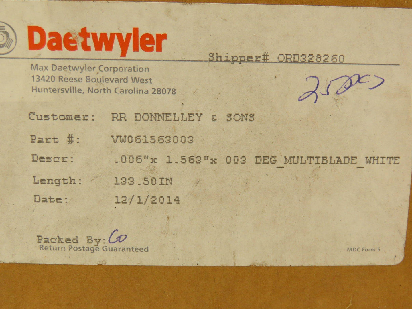 Daetwyler MDCDB Doctor Blade .006" x 1.563"W x 133.75"L Box of ~20+