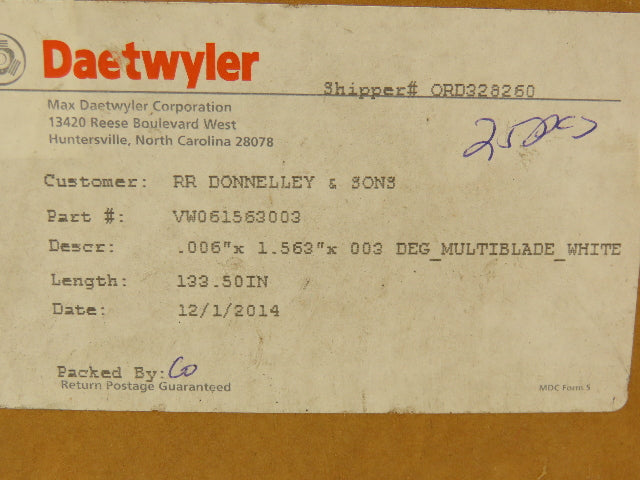 Daetwyler MDCDB Doctor Blade .006" x 1.563"W x 133.75"L Box of ~20+