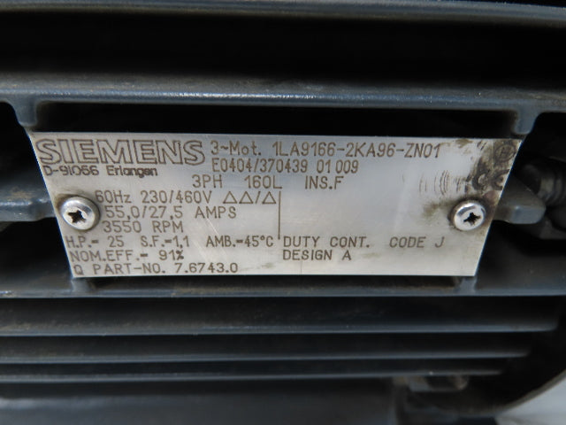Siemens 1LA9166-2KA96-ZN01 Kaeser Compressor Motor 25Hp 3550 RPM 460V 3PH 160L