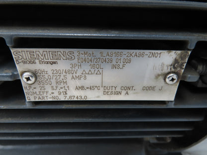 Siemens 1LA9166-2KA96-ZN01 Kaeser Compressor Motor 25Hp 3550 RPM 460V 3PH 160L