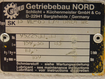 Nord SK13VL-63 L/4 BRE4 WE Gearbox  10.5:1 Reducer 159rpm  0.18kwTwist Spline