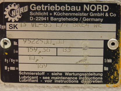 Nord SK13VL-63 L/4 BRE4 WE Gearbox  10.5:1 Reducer 159rpm  0.18kwTwist Spline