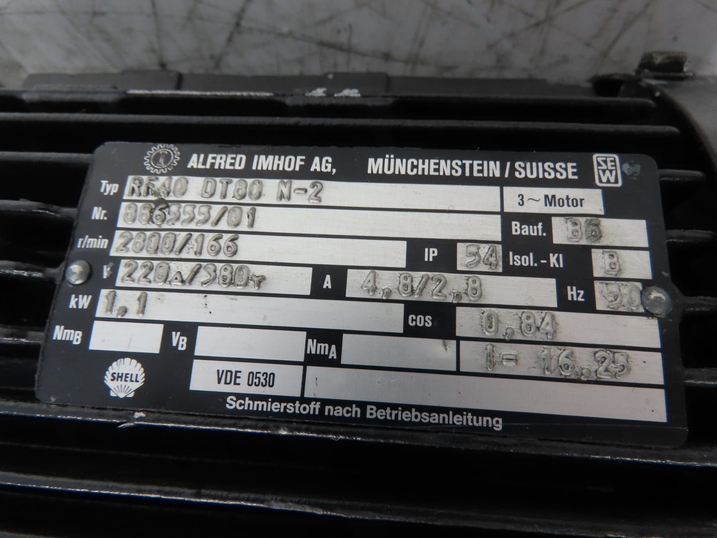 Sew Eurodrive RF40DT80N2 Inline Gearmotor 16:1 Reducer 166rpm 1.1kw 220/380V 3PH