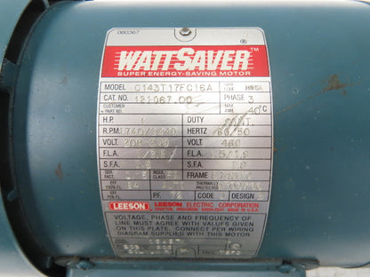 Leeson C143T17FC16A WattSaver Brake Motor 1Hp 1740rpm 230/460V 3PH 143/145TC