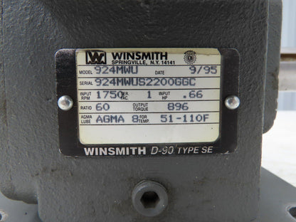 Winsmith 924MWU D-90 SE Worm Gearbox 60:1 Reducer .66Hp 29 RPM Dual Shaft 145T