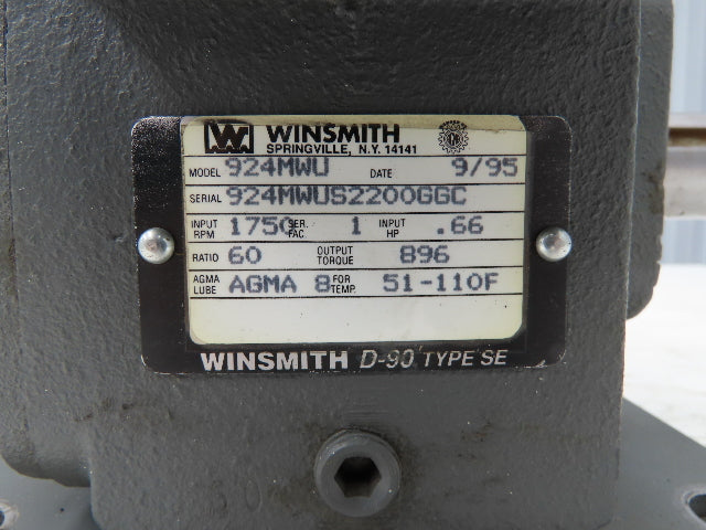 Winsmith 924MWU D-90 SE Worm Gearbox 60:1 Reducer .66Hp 29 RPM Dual Shaft 145T