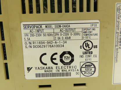 Yaskawa SGDM-04ADA ServoPack Servo Drive 1Ph 230V In 0.4kW 230V 2.8A 300Hz Out