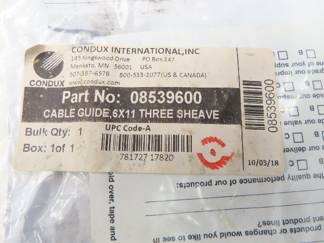 Condux 08539600 Cable Guide 6X11 Three Sheave Wire Pulley 10000lbs