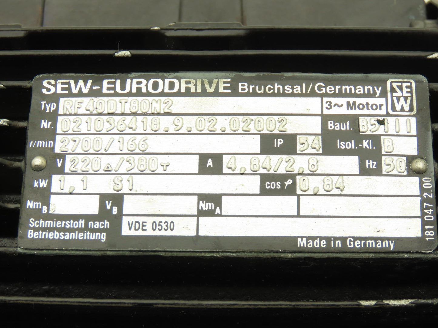 Sew Eurodrive R40DT80N2 Gear Motor 1.1kw 2700 RPM 220/380V 3PH *Motor Only*