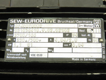 Sew Eurodrive R40DT80N2 Gear Motor 1.1kw 2700 RPM 220/380V 3PH *Motor Only*