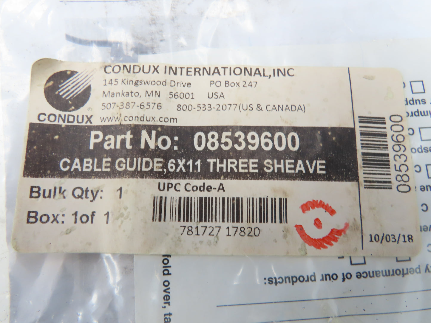 Condux 08539600 Cable Guide 6X11 Three Sheave Wire Pulley 10000lbs