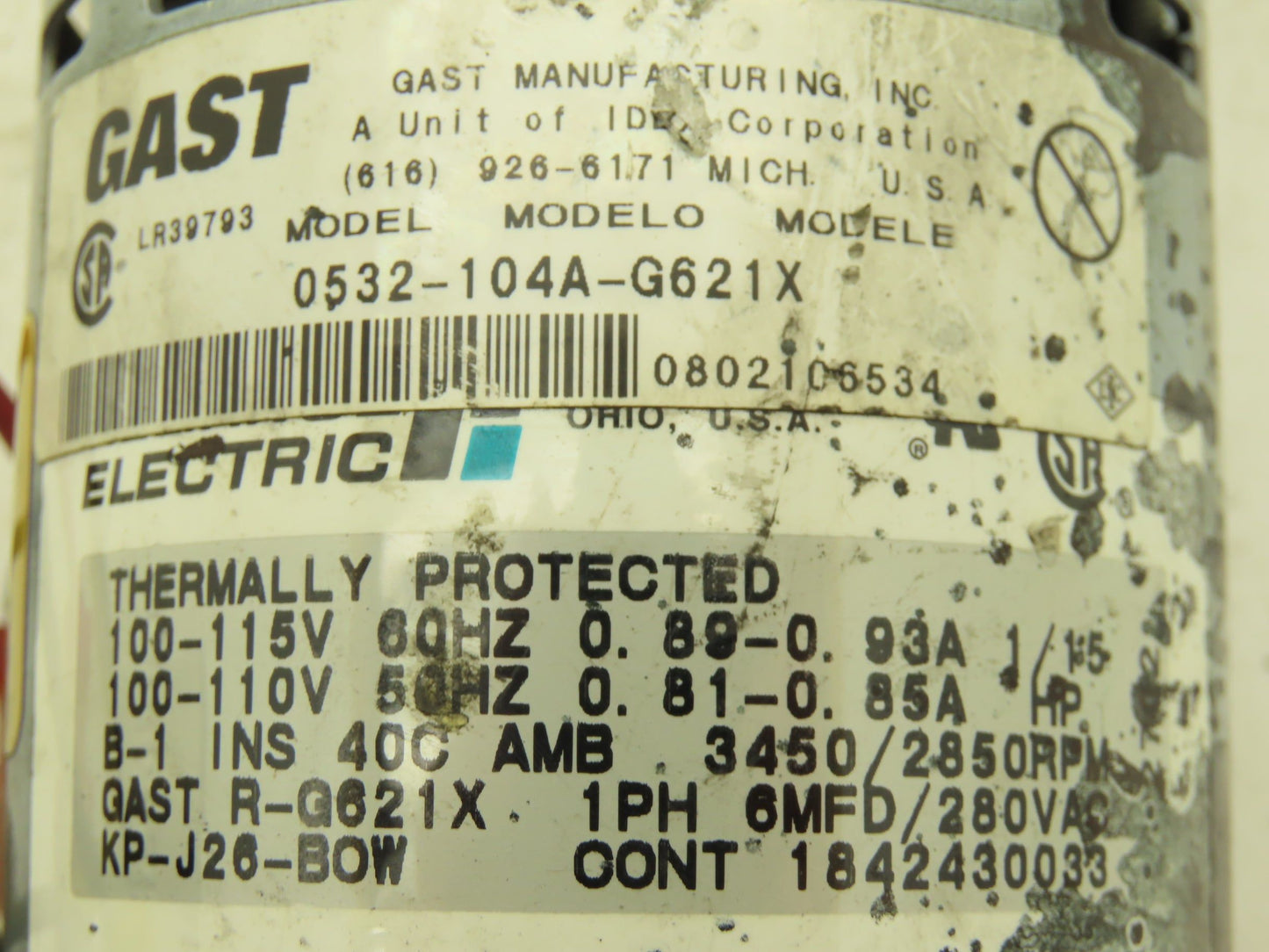Gast 0532-104A-G621X Motor Mounted Rotary Vane Vacuum Pump 0.6 CFM 15 PSI 115V