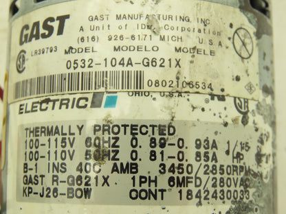 Gast 0532-104A-G621X Motor Mounted Rotary Vane Vacuum Pump 0.6 CFM 15 PSI 115V