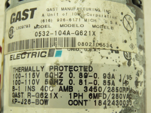 Gast 0532-104A-G621X Motor Mounted Rotary Vane Vacuum Pump 0.6 CFM 15 PSI 115V