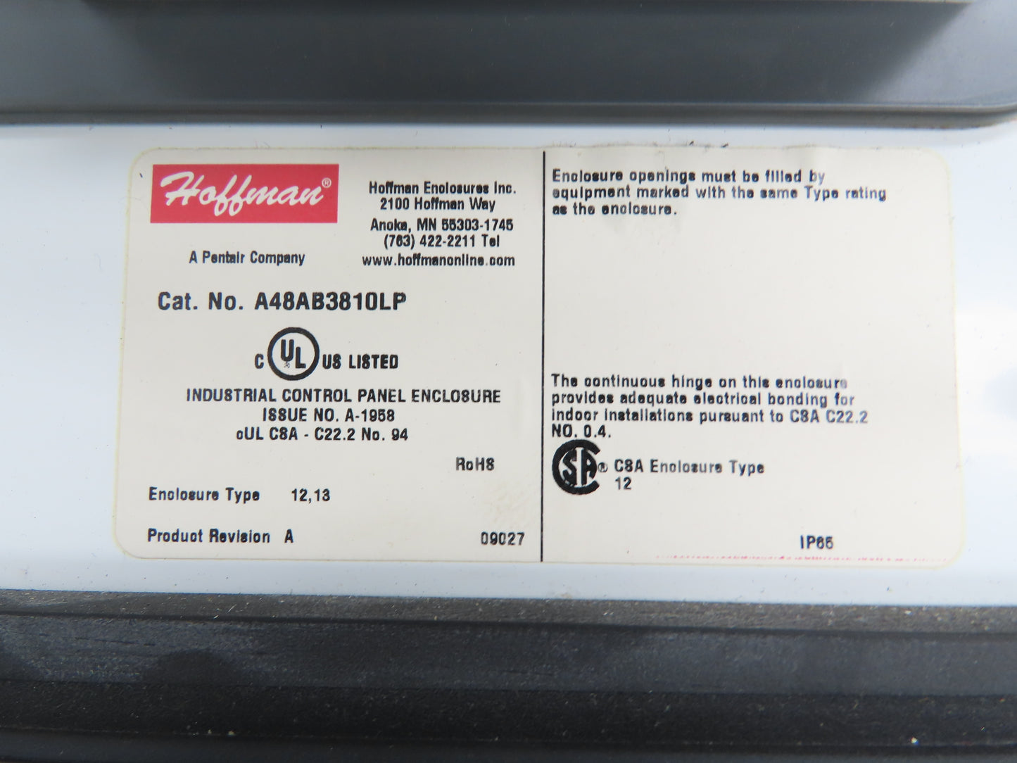 Hoffman A48AB3810LP Electrical Enclosure 48x38x10" Control Panel Wall Mount