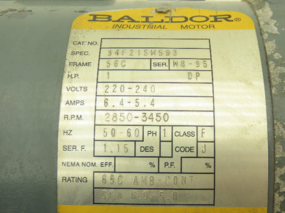 Baldor 34F215W593 Single Phase AC Motor 1Hp 3450 RPM 220-240V 1PH 56C