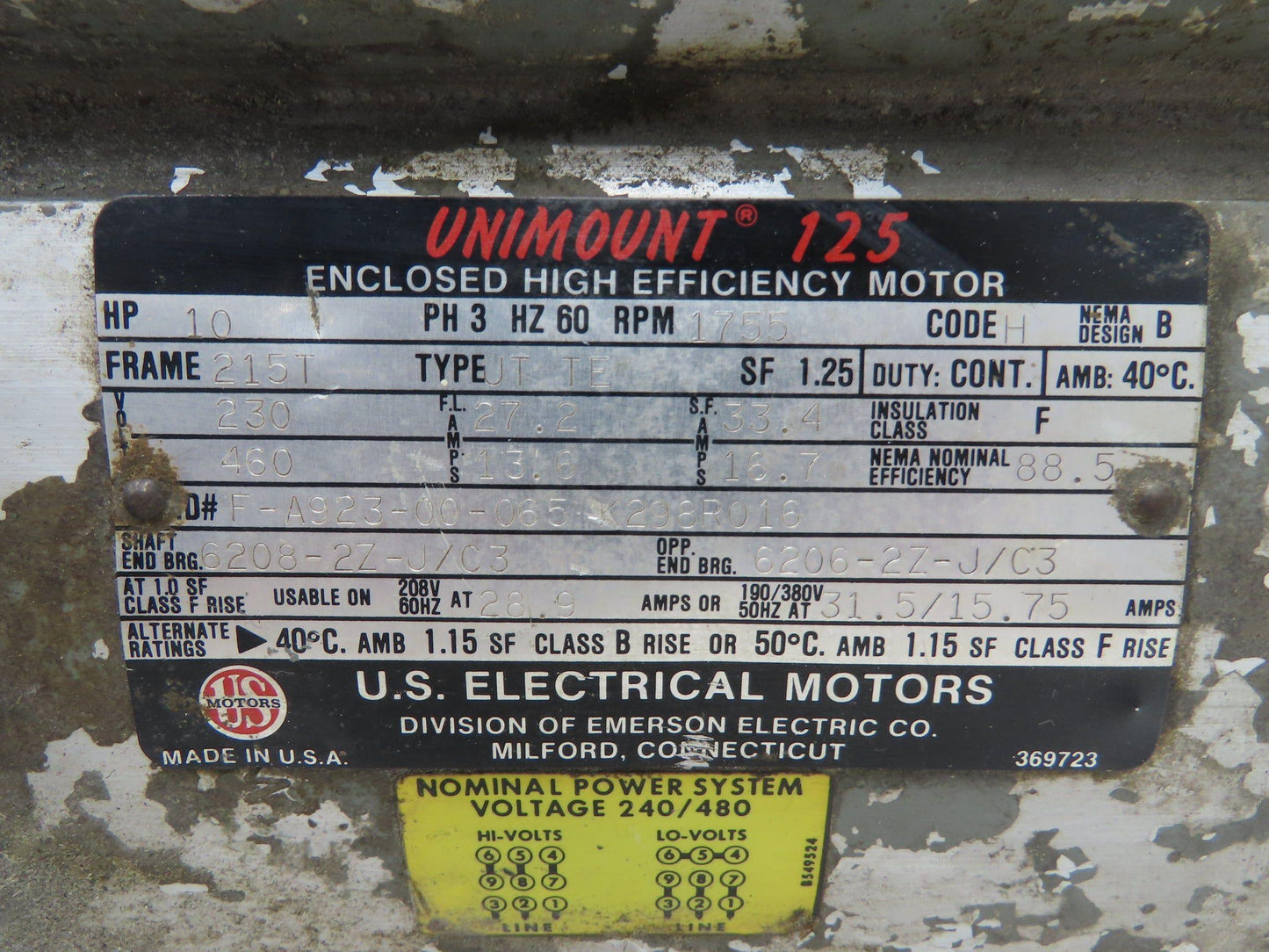 US Motors Unimount 125 AC Motor 10Hp 1750 RPM 230/460V 3PH 215T Frame