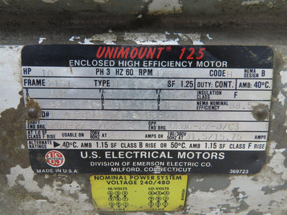 US Motors Unimount 125 AC Motor 10Hp 1750 RPM 230/460V 3PH 215T Frame