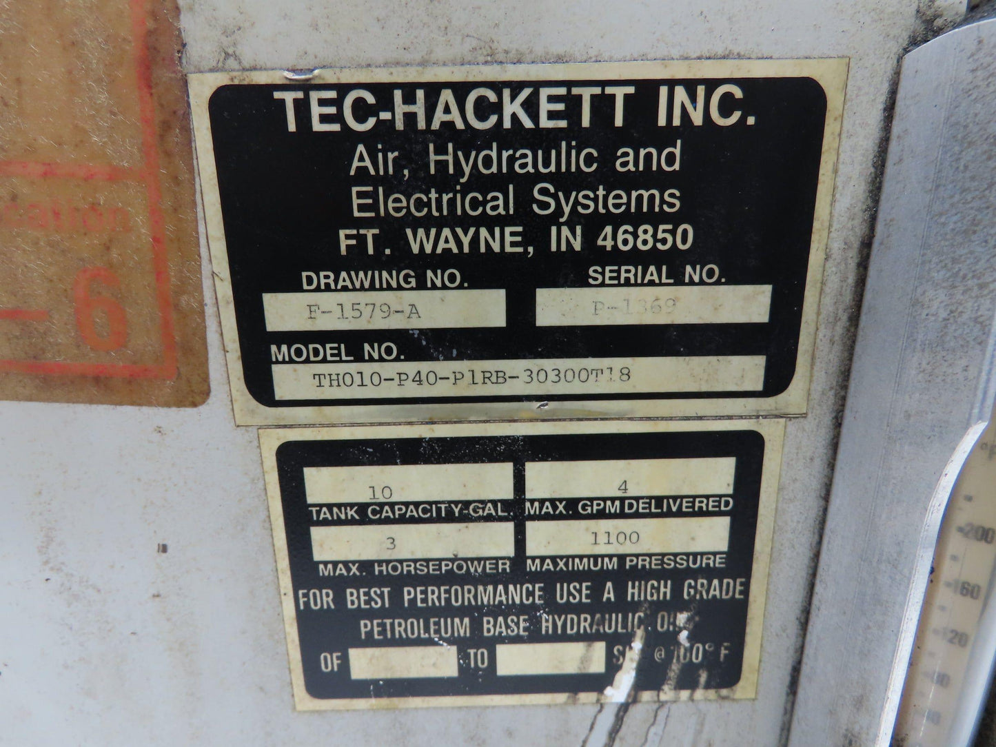 Tec Hackett PFG-40 Hydraulic Power Unit 10 Gallon 4GPM 1250PSI 3Hp 230/460V 3Ph