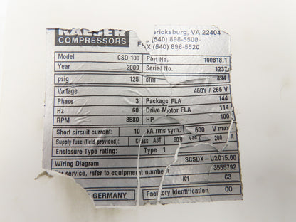 Kaeser CSD 100 Sigma 290 Rotary Screw Air Compressor Air End 100Hp 494cfm