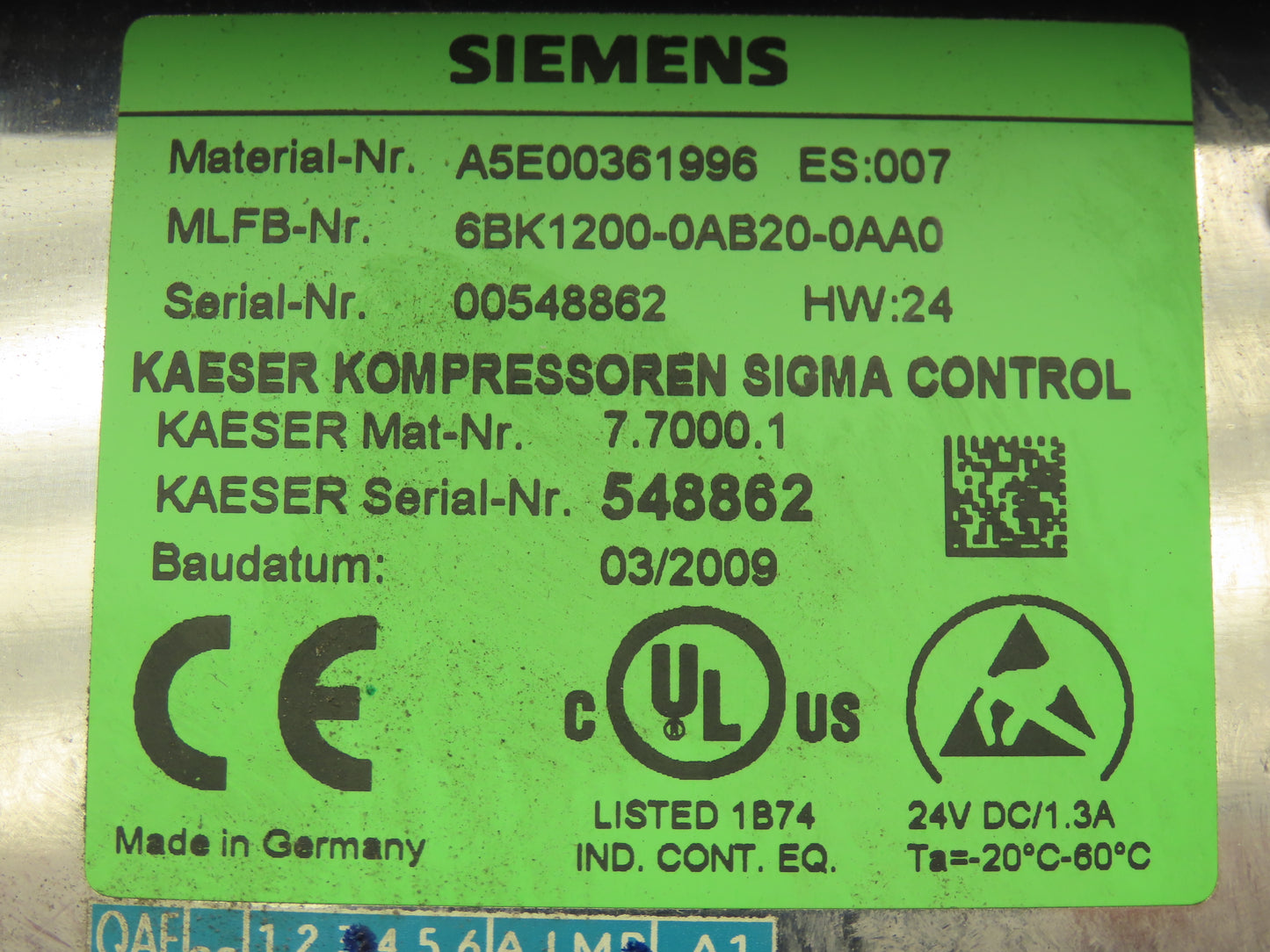 Siemens Kaeser Sigma A5E00361996 Air Compressor Operator Control Panel