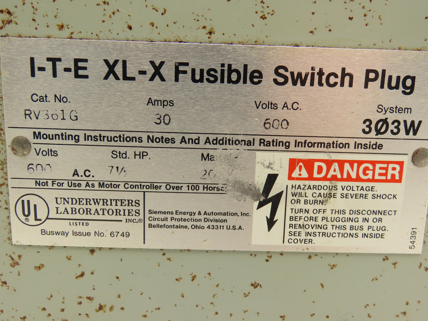 Siemens I-T-E XL-X RV361G Busway Disconnect Switch Fusebox 20HP 30A 600V 3 Pole