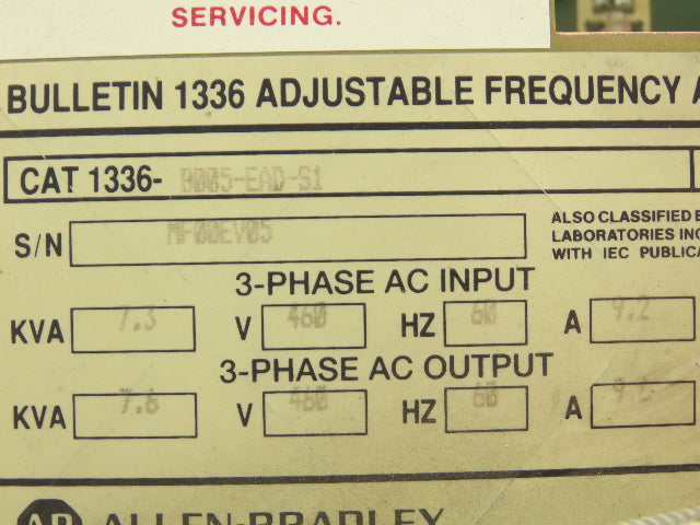 Allen Bradley 1336-B005-EAD-S1 Variable Frequency AC Drive 5Hp 460V VFD