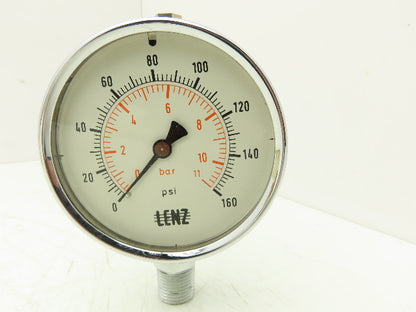 Lenz Analog Dial Gauge 4" 160 psi 11 bar Oil-Filled 1/2" NPT West Germany