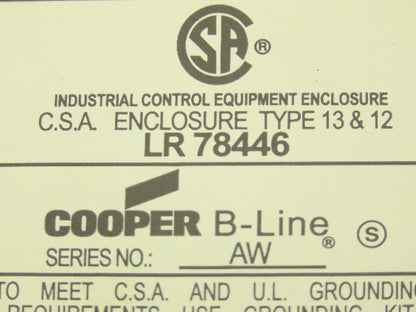 Cooper 1086-12CHC Electrical Enclosure 8X10X6" Junction Box NEMA12/13