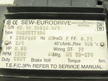 Sew Eurodrive WA20DT71D4 Gearmotor 38:1 Ratio 44rpm 1/2Hp 230/460V Hollow Shaft