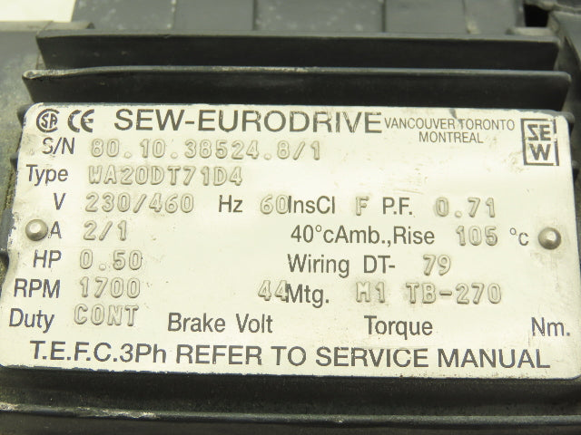 Sew Eurodrive WA20DT71D4 Gearmotor 38:1 Ratio 44rpm 1/2Hp 230/460V Hollow Shaft