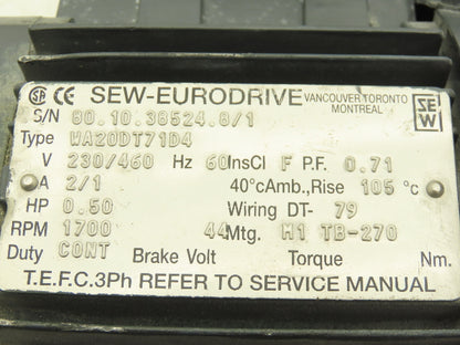 Sew Eurodrive WA20DT71D4 Gearmotor 38:1 Ratio 44rpm 1/2Hp 230/460V Hollow Shaft
