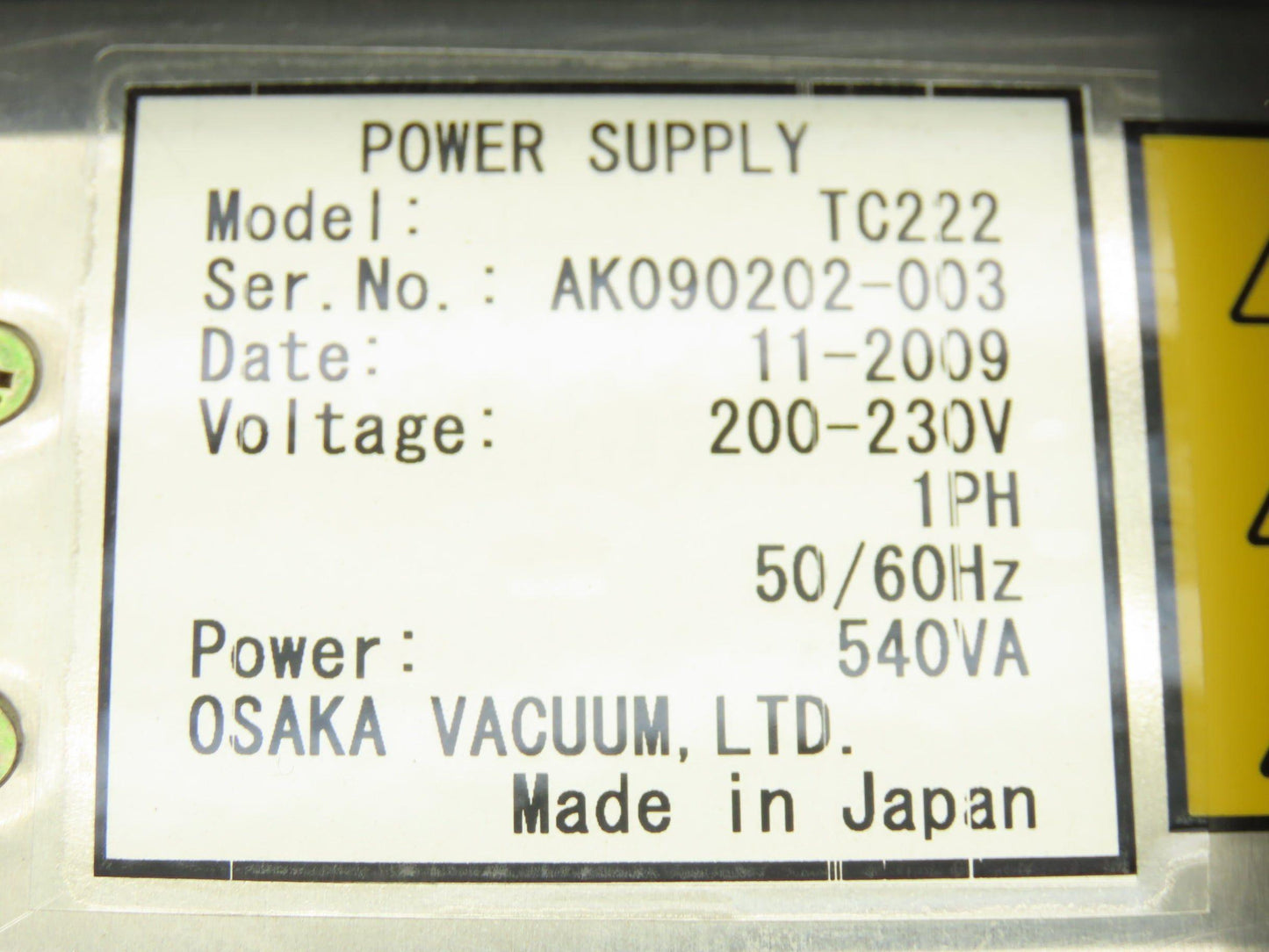 Osaka Vacuum TC222 Power Supply 200-230V 50/60Hz 540VA