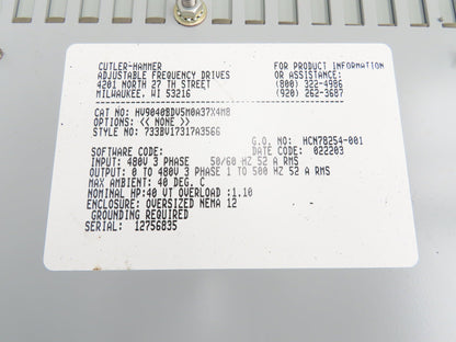 Cutler Hammer HV9040 VFD Adjustable Speed Drive 40HP 480V Oversized Enclosure